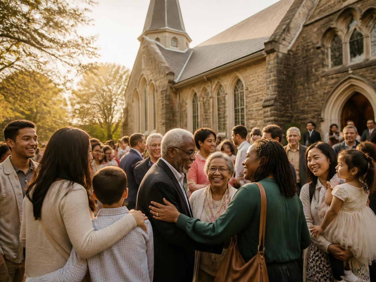 A diverse congregation greeting one another outside a stone church at golden hour